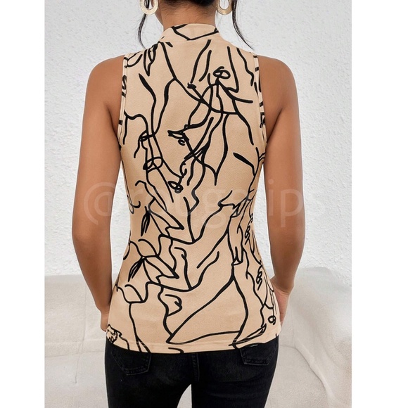 Abstract Face Print Beige Tan Sleeveless Top Slim Fit High Neck - Picture 3 of 7